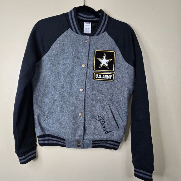 Victorias Secret Pink GRAPHIC US ARMY Bomber Varsity Jacket Coat size XS - Picture 1 of 8